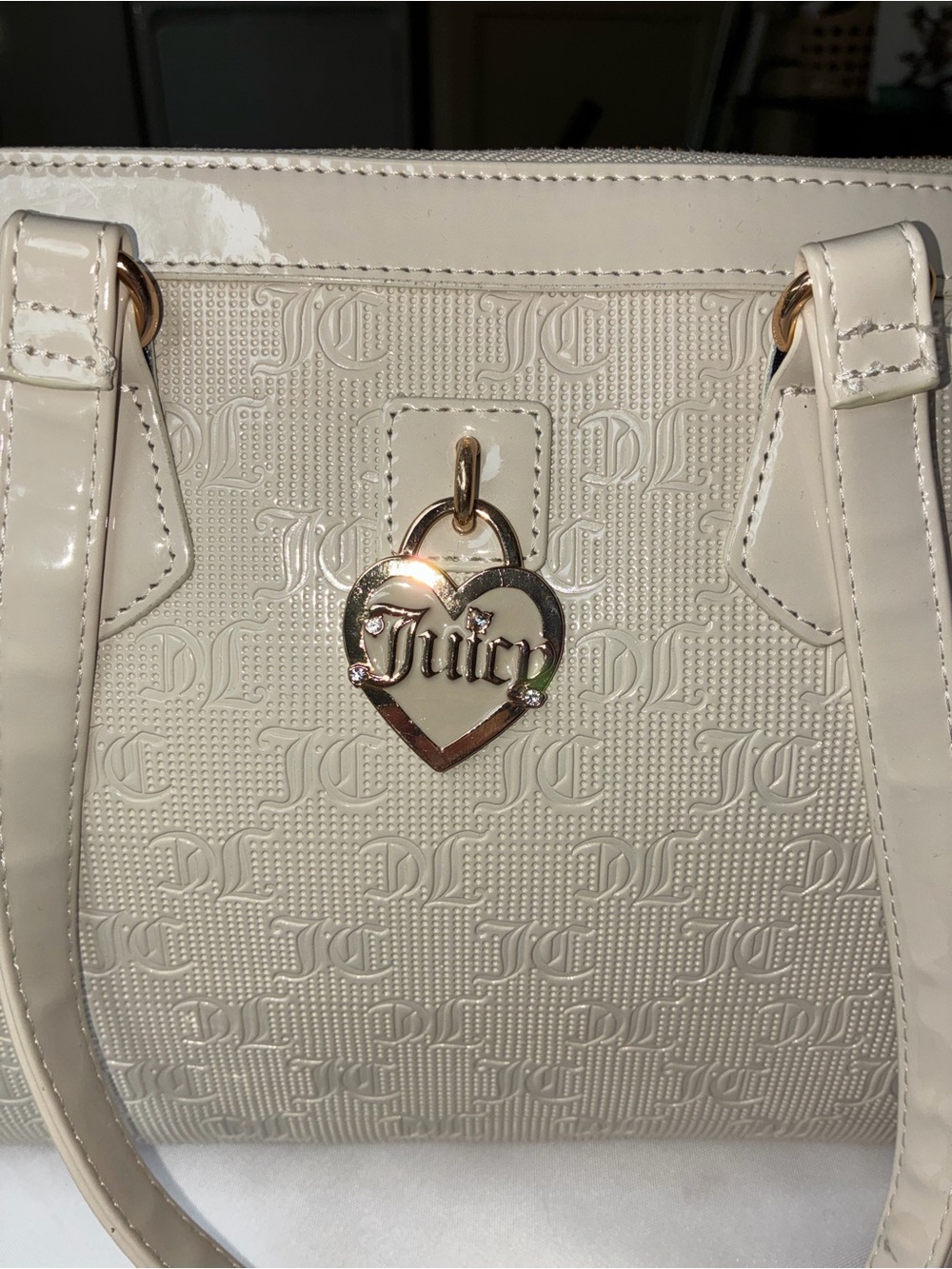 Juicy Couture Gothic JC Logo Monogram Tote Cream Gold Hardware Heart Lock - Picture 3 of 15